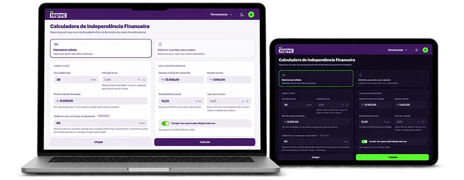 Calculadora de Independência Financeira no notebook e no tablet